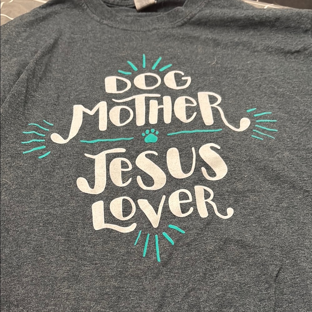 Gray Graphic Tee with White and Teal Print